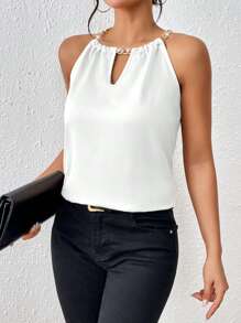 Chiquease Blusa De Mujer Sin Mangas Con Tirantes En El Cuello Y Cadena - Blanco - Ver 1