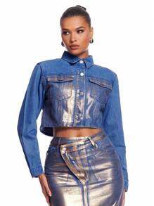 SHEIN BAE 金屬女士牛仔夾克和節日裝 - 藍色 - 查看 1