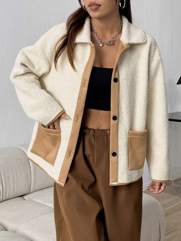 SHEIN MOOSTA Teddy Bear Coat With Double Pockets SHEIN