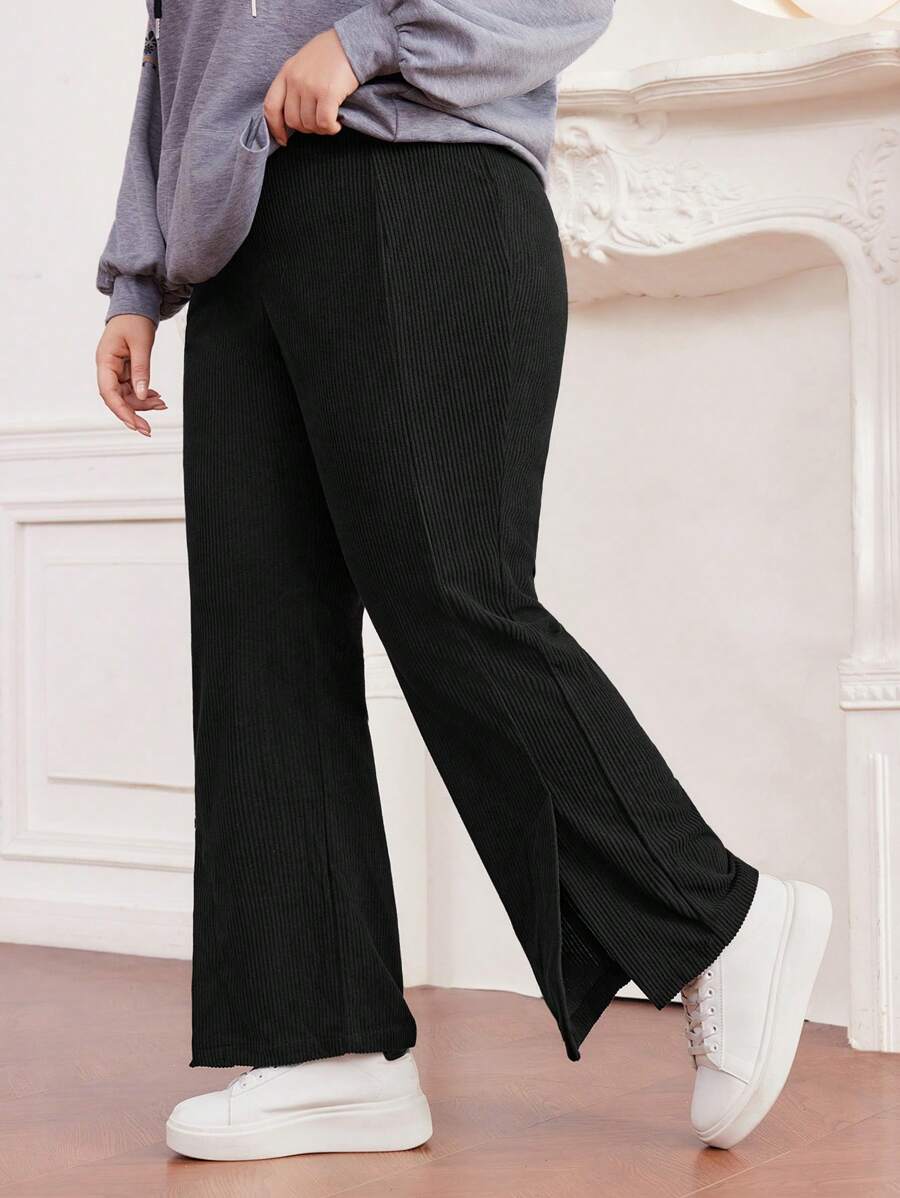 Mulvari Pantalones Anchos Para Mujer De Talla Grande De Color Sólido Con Abertura En El Bajo - Negro - Ver 1