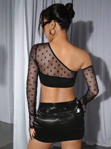 SHEIN ICON Motorcycle Speed Printed Mesh Splicing One Shoulder Top