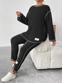 SHEIN Essnce 女款大尺碼撞色邊 T 卹與緊身褲套裝 - 黑色 - 查看 6