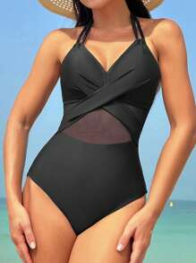 Swim Vcay 女式一件式泳衣,網狀接縫設計和頸後系帶設計 - 黑色 - 查看 5