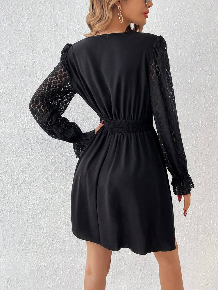 Ladies' Solid Color Cross Wrap Lace Edge Dress Winter Elegant Black Evening Dress
