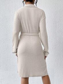 SHEIN Frenchy Ladies' Half Zipper Belted Dress Winter Casual - Apricot - View 2