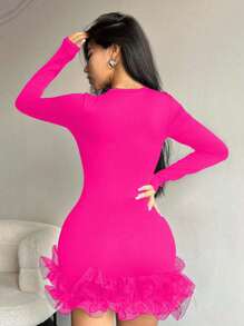 VaVaBold 女性長袖多層蕾絲邊連衣裙 - 玫紅色 - 查看 2