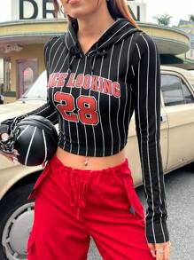 SHEIN EZwear Women's Slim Fit Striped Letter Print Hooded T-shirt - Multicolor - View 1