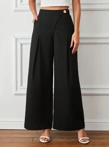 SHEIN LUNE Chi tiết Nút quần ống rộng Giải trí Quần - màu đen - Xem 1