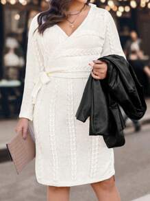 Calvaya Plus Size Cable Knitted Wrap Dress - White - View 5