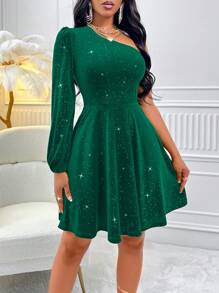 Vestido de manga farol de cintura ceñida con tela de terciopelo, nueva llegada de otoño/invierno de Amarilo - Verde Oscuro - Ver 5