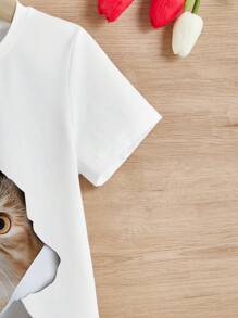 SHEIN Girls' Cat Printed T-shirt For Kids - White - View 5