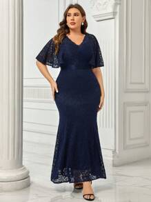 MIUSOL 大码全蕾丝蝴蝶袖美人鱼正式晚会礼服 - 藏蓝色 - 查看 1