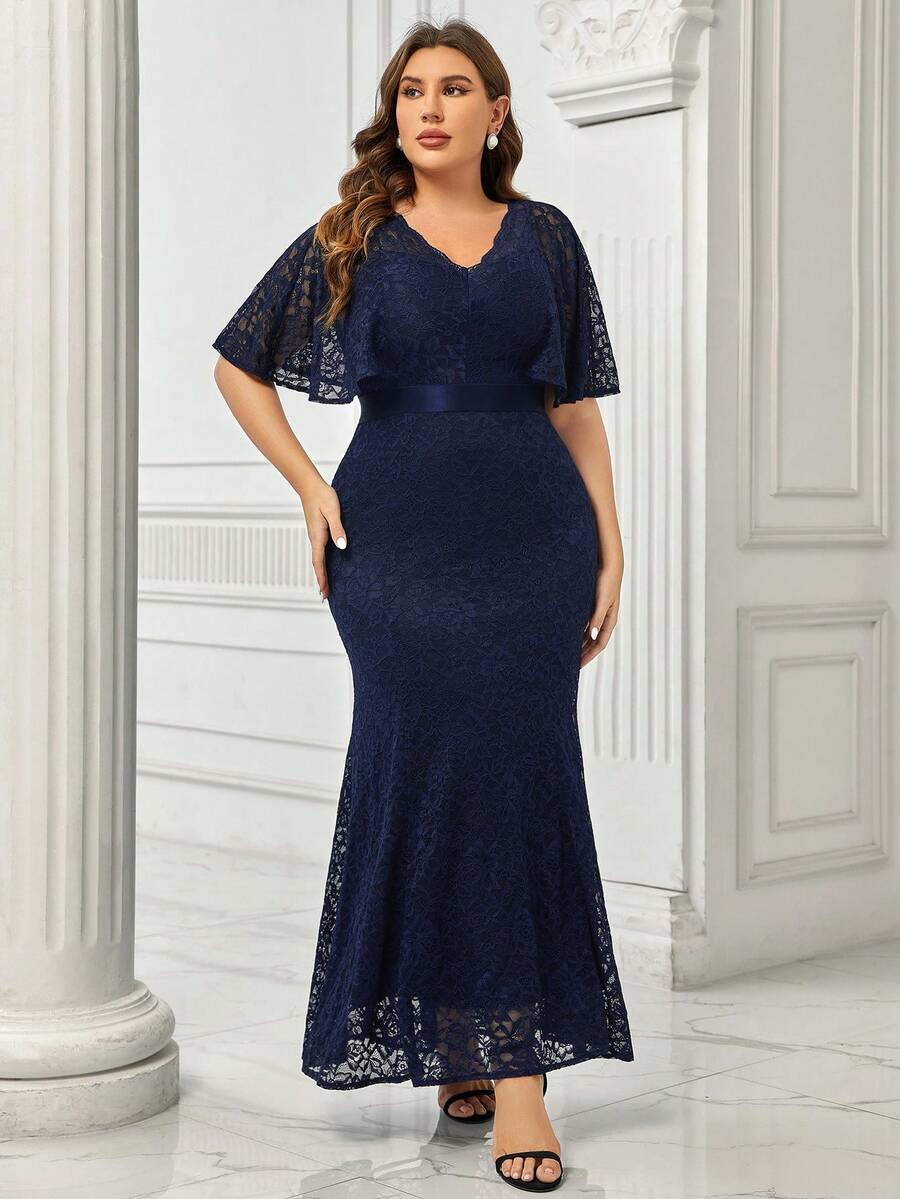 MIUSOL 大码全蕾丝蝴蝶袖美人鱼正式晚会礼服 - 藏蓝色 - 查看 1