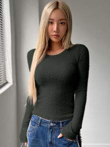 DAZY 女士圓領長袖t恤 - 墨綠色 - 查看 5