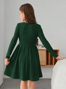 SHEIN Tween Girl Knitted Ribbed Button Detail A-Line Dress