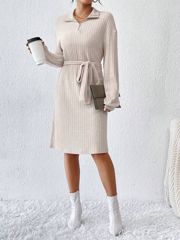 Ladies' Half Zipper Belted Dress Winter Casual