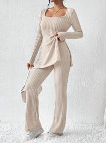 SHEIN Frenchy Solid Color Square Neck Split Ribbed T-Shirt And Pants Set Winter Casual Spring - Apricot - View 4