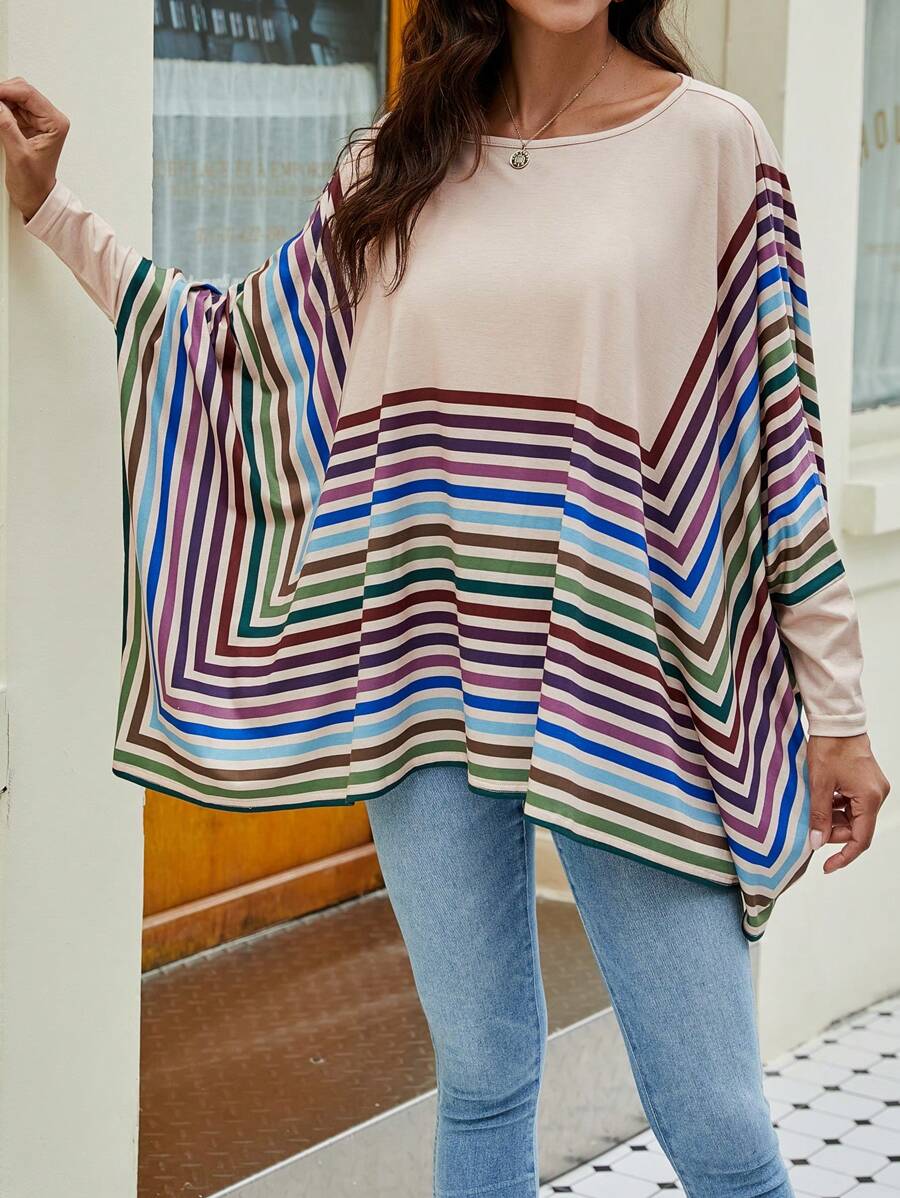 EMERY ROSE Camel Striped Cape Sleeve Top T-shirt - Camel - View 1