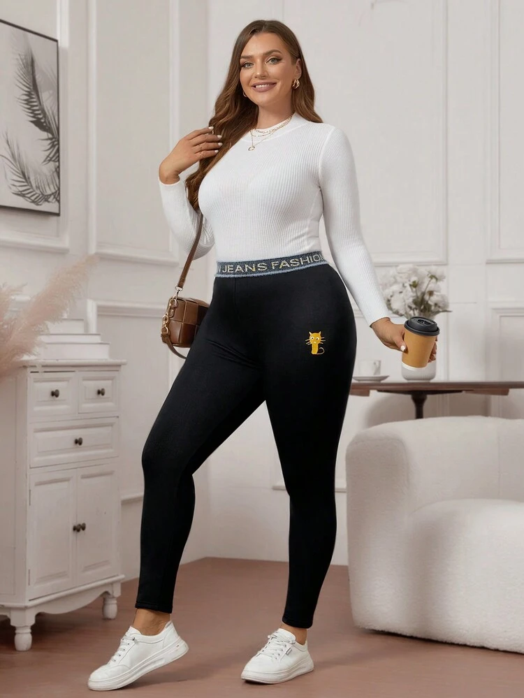 Plus Size Women'S Cartoon Cat Print Letter Waist Leggings