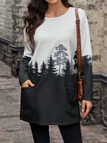 SHEIN LUNE Tree Print Dual Pocket Tee Dress - Apricot - View 3