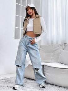 SHEIN PETITE 短款纯色立领无袖棉服外套，女士深秋休闲拉链领常规版型卡其色纯色女士棉服外套，冬季保暖/冬季时尚 - 卡其色 - 查看 7