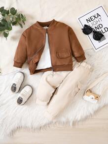 SHEIN Playful Pals Baby Boys' Suede Bomber Jacket And Cargo Pants Set