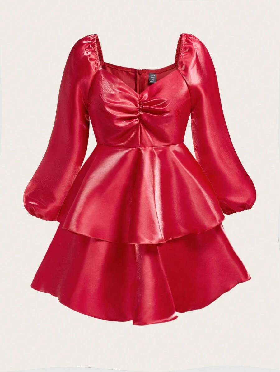 Flirla Plus - Robe Froncée Sur Le Devant, Manches Lanternes, Ourlet À Deux Épaisseurs