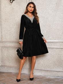 SHEIN Clasi Women's Lace Patchwork Collar Detail Pleated Dress