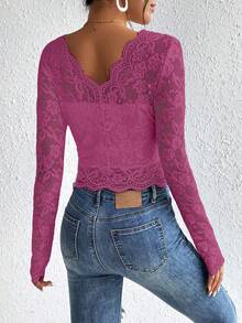 SHEIN Frenchy Women's Solid Color Lace Long Sleeve Slim Fit Top - Hot Pink - View 2
