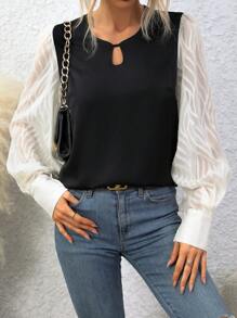 SHEIN Clasi Cutout Collar Patchwork Lantern Sleeve Shirt