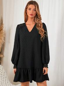 SHEIN Frenchy Women's Lace Patchwork Dress With Ruffle Hem - White - View 5