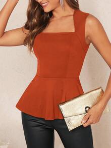 SHEIN Clasi Women's Square Neck Solid Color Sleeveless Top With Ruffle Hem - Rust Brown - View 5