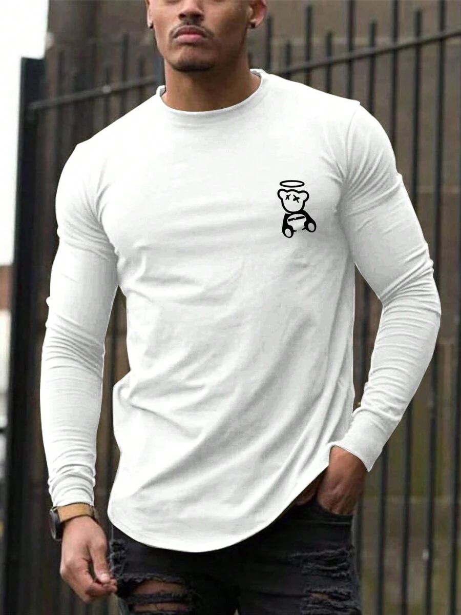 Manfinity Homme Nam Gấu Hoạt hình In Tay áo dài Áo thun - trắng - Xem 1