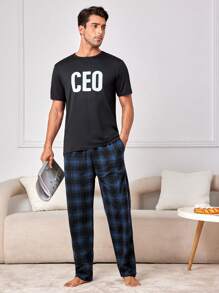 Męskie spodnie do spania w kratę w kolorze królewskiego błękitu, z kieszeniami, z materiału o średniej elastyczności, wygodne, do noszenia w domu, na jesień