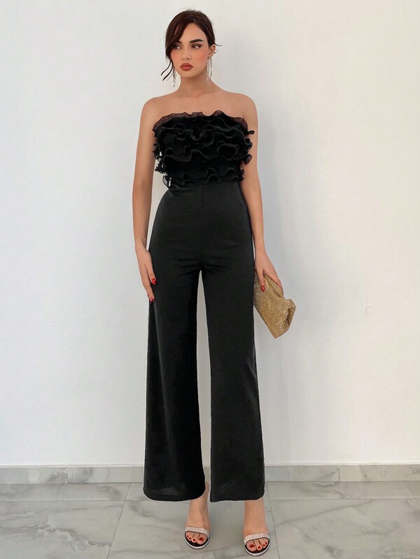 Aloruh Women's Sheer Mesh Splice Strapless Jumpsuit