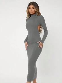 SHEIN SXY Women's Long Sleeve Knitted Open Back Dress - Dark Grey - View 1