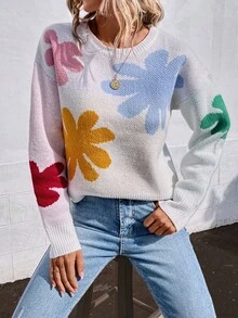 SHEIN Essnce Women's Floral Pattern Drop Shoulder Sweater - Multicolor - View 7