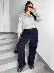 SHEIN EZwear 女士加大尺寸拉鍊前繫 & 運用拉繩的帽t恤 - 灰色 - 查看 8