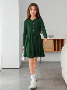 SHEIN Tween Girl Knitted Ribbed Button Detail A-Line Dress