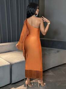 BamGleam Women's Fringed Asymmetric Collar Bat Sleeve Dress Maxi Women Outfit Fall Cloth For Women