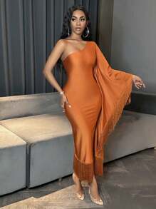 BamGleam Women's Fringed Asymmetric Collar Bat Sleeve Dress Maxi Women Outfit Fall Cloth For Women