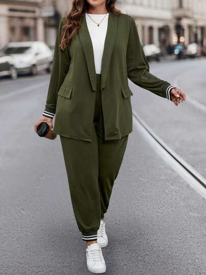 SHEIN LUNE Conjunto de dos piezas de abrigo con cuello de chal y pantalones de talla grande