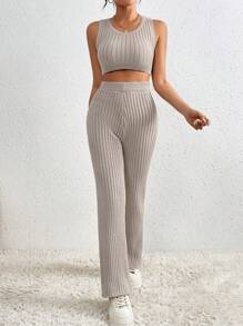 Flirla Women's Ribbed Sweater Vest And Sweater Pants Two-piece Set - Apricot - View 4