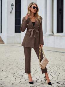 EURMUSE Women's Long Sleeve Blazer And Pants Suit Set - Khaki - View 1