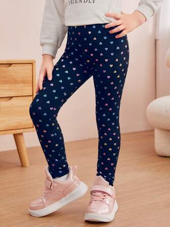 SHEIN Girls' Minimalist Navy Blue All-Over Heart Print Comfortable Casual Leggings
