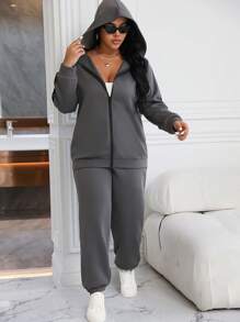 Calvaya 大码女式保暖拉链连帽运动衫和裤子套装，拼色，休闲，秋冬 - 灰色 - 查看 4