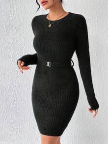 Chiquease 女式純色腰帶毛衣連身裙 - 黑色 - 查看 3