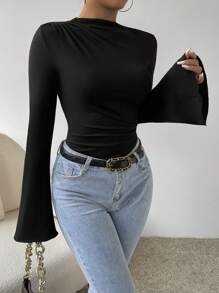 EMERY ROSE Mock Neck Flare Sleeve Bodysuit Fall Cloth For Women