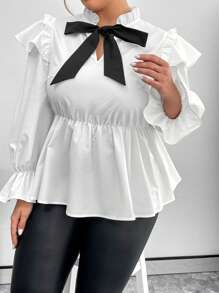 SHEIN Privé Damenbluse Große Größen Mit Bindeausschnitt Und Spitzenbesatz - Schwarz und Weiss - Übersicht 1