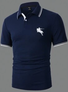 Manfinity CasualCool Camisa Polo De Bloque De Color Azul Marino Para Hombres Con Ribete De Contraste - azul real - Ver 7